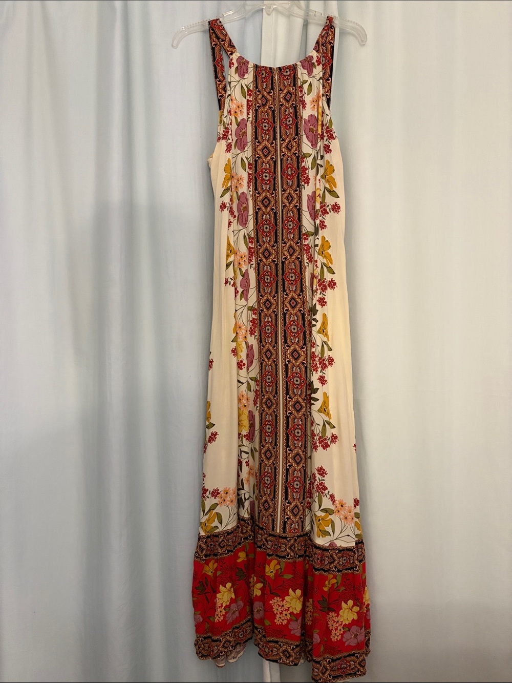 MSK Women’s Cream Maxi Tie Back Floral Dress with Red Floral‎ Border, size XL